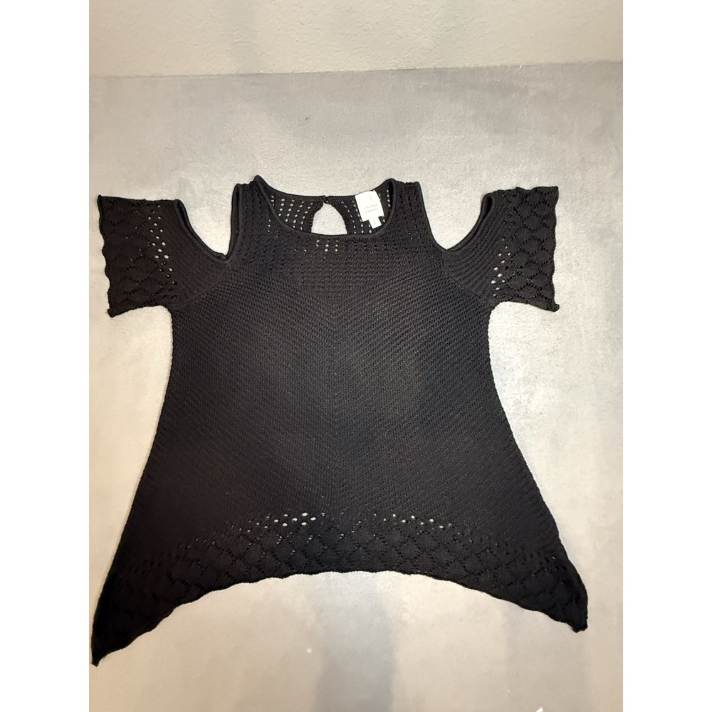 LC Lauren Fairy Goth Black Crochet Knit Sharkbite Hem Boho Top - Size L